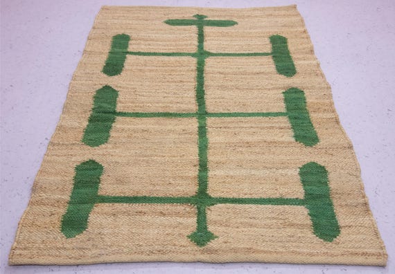 Beige Green Handwoven Jute Rug Modern Geometric Tribal Flatweave Area Rug