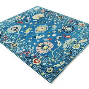 Blue Modern Oushak Rug Hand Knotted Premium Wool Turkish Inspired