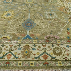 Olive Green Hand Knotted Traditional Floral Oriental Oushak Premium Wool Area Rug