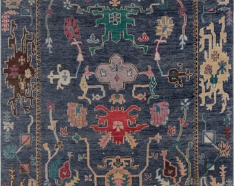 Hand-Knotted Navy Blue Persian Oushak Wool Area Rug - Traditional Design