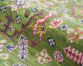 Olive Green Persian Style Hand Knotted Wool Large Area Rug - made in India