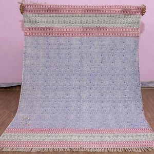 Handmade Scalloped Indigo Blue Green Cotton Rug, Boho Floral Block Print Area Rug