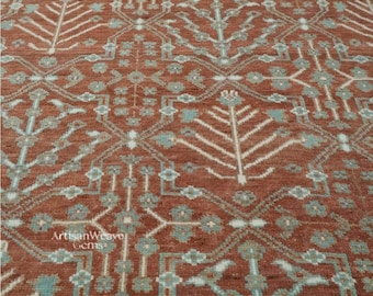 Rust Aqua Hand Knotted Modern Oushak Premium Wool Floral Area Rug - Made in India