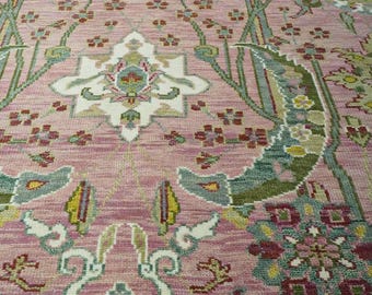 Pink and Green Peacock Garden Modern Oushak Design Hand Knotted Soft Wool Area Rug - made in India