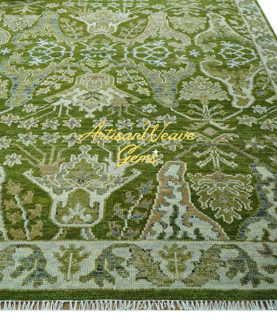 Olive Green Persian Hand Knotted Wool Area Rug For Living Room Decor - made in India