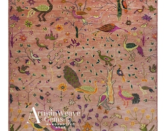 Hand Knotted Jungle Life Wool Rug, Pink Green Peacock Design, Persian Area Rug - made in India