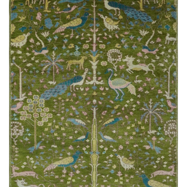 Teal and Peach Peacock Wool Area Rug - Hand-Knotted Olive Green Bird Design