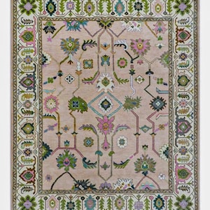 Pink Green Persian Oushak Hand Knotted Wool Area Rug, Living Room & Bedroom Decor