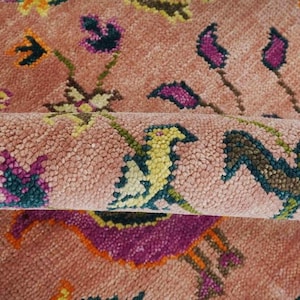 Hand Knotted Jungle Life Wool Rug, Pink Green Peacock Design, Persian ...