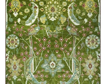 Hand Knotted Wool Rug Olive Green Peacock Garden Bird Pattern Area Rug