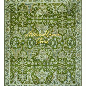 May include: A green rug with a traditional Persian design. The rug has a light green background with a darker green pattern. The pattern includes floral motifs, geometric shapes, and stylised animals. The rug has a fringed border.