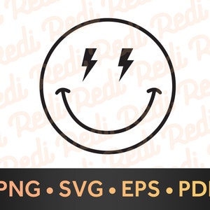 Smiley Face Lightning Bolt Eyes SVG, Instant Download, Smiley Face svg, Smiley Face png, Groovy svg, Trendy svg, retro svg