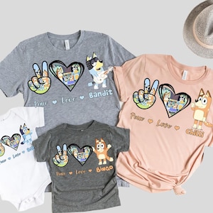 Blue Dog Family Peace Shirt Matching Blue Dog Friends Shirt Peace Love + Shirt Cartoon Shirts Trendy Matching shirts Bestie Matching Shirts