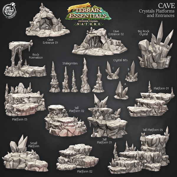 Cave Terrain - Crystals, Platforms and Entrances - Scatter Terrain - Terrain Essentials -  CastNPlay - Dungeons and Dragons