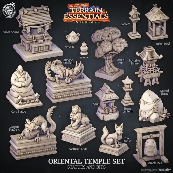 Statues & Scatter Bits - Oriental Temple Set - Interior Scatter Terrain - Terrain Essentials -  CastNPlay - Dungeons and Dragons