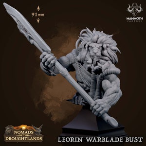 Leonin Warblade, Bust - Nomads of the Droughtlands - 40x40mm Base - Mammoth Factory - RPG Tabletop - Dungeons and Dragons - D&D - Pathfinder