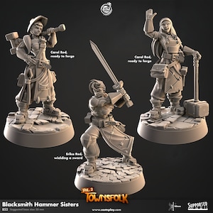Blacksmith Hammer Sisters - Townsfolk Vol 2 - 32mm Scale (25mm Base) - CastNPlay - Dungeons and Dragons - Pathfinder