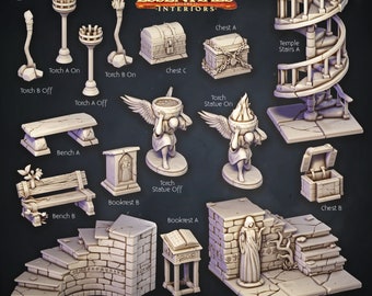 Stairs Bookrests Torches & Chests - Temple Set - Interior Scatter Terrain - Terrain Essentials -  CastNPlay Dungeons and Dragons