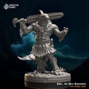 Rhul, the Orca Berserker - Cave of the Tideborns - 32mm Scale (32mm Base) - CrippledGodFoundry - Dungeons & Dragons - Wargaming