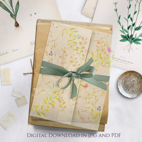 Vellum Wrap Printable, Butterflies and Flowers Vellum Wrap, Vellum Jacket, Instant Download, Download and Print