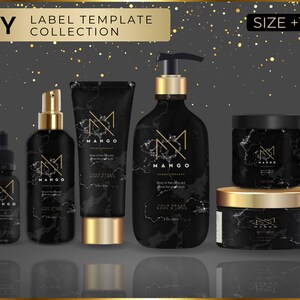 May include: A set of five black and gold cosmetic bottles with marble-like patterns and the word "MANGO" in gold lettering. The bottles are arranged on a dark gray background with gold glitter. The text "DIY LABEL TEMPLATE COLLECTION" is at the top of the image, and the text "SIZE +15" is at the top right.