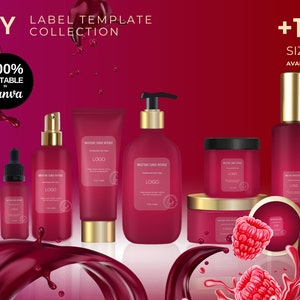 May include: A set of red and gold cosmetic bottles and jars with the text "MOISTURE SURGE INTENSE" and "LOGO" on the labels. The bottles and jars are surrounded by a red liquid splash and raspberries.