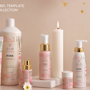Bewerkbare huidverzorgingslabels set - Roze bloem cosmetische labelsjabloonbundel - Canva productlabelsticker - fleslabelontwerp