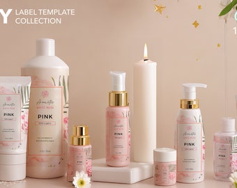 Editable Skincare Labels Set- Pink Flower Cosmetic Label Template Bundle - Canva Product Label Sticker- Bottle Label Design