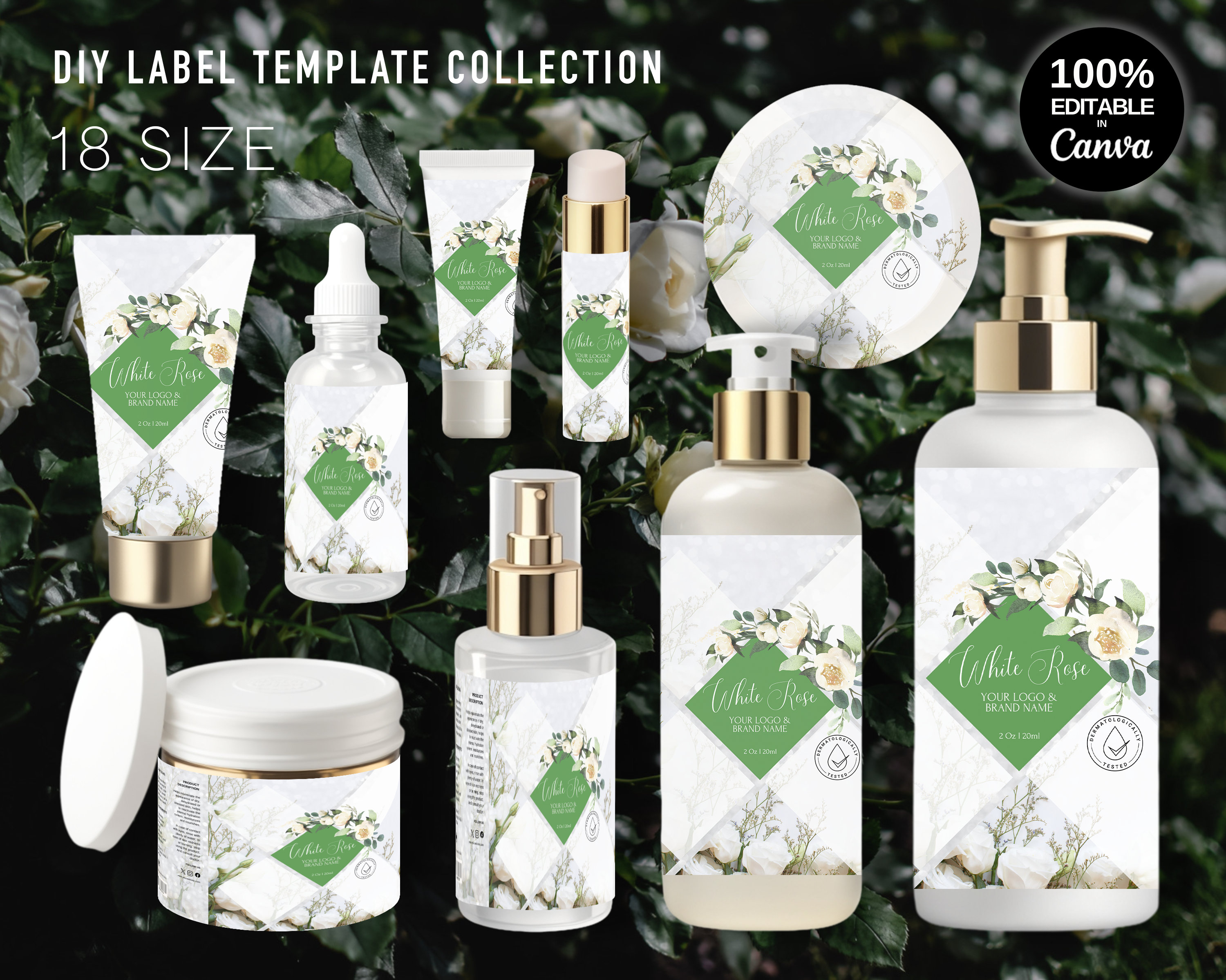 Skincare Labels Set, Canva Product Label Sticker, White Rose Cosmetic ...