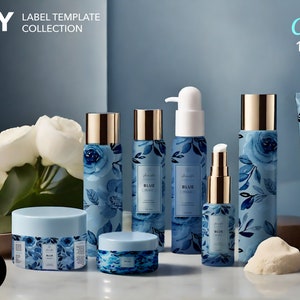 Skincare Template Label Collection- BLUE Leaf DIY Editable Cosmetic Label Template Bundle - Canva Product Label Sticker - Bottle Tempates