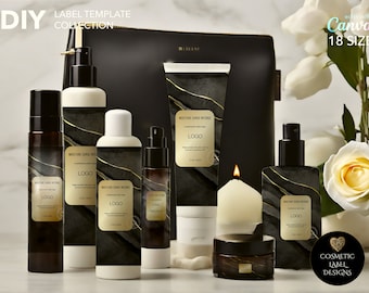 Luxury Skincare Labels, Gold Black DIY Editable Cosmetic Label Template Bundle, Canva Product Label StickerS, Bottle Design Product Labels