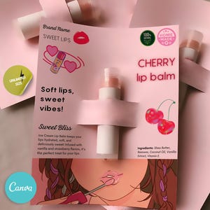 Kaart kersenlippenbalsem, labelsjabloon lippenbalsem, bewerkbaar chapsticklabel, DIY Canva lipglosslabel, label liptin, pakketlabel lipproduct