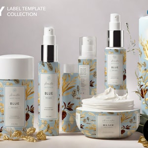 Skincare Template Label Collection- Aesthetic Blue DIY Editable Cosmetic Label Template Bundle - Bottle Label Design - Canva