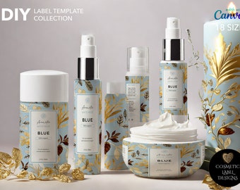 Skincare Template Label Collection- Aesthetic Blue DIY Editable Cosmetic Label Template Bundle - Bottle Label Design - Canva