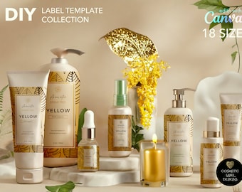 Skincare Template Label Collection- Yellow Leaf Pattern DIY Editable Cosmetic Label Template Bundle - Canva Product Label Sticker