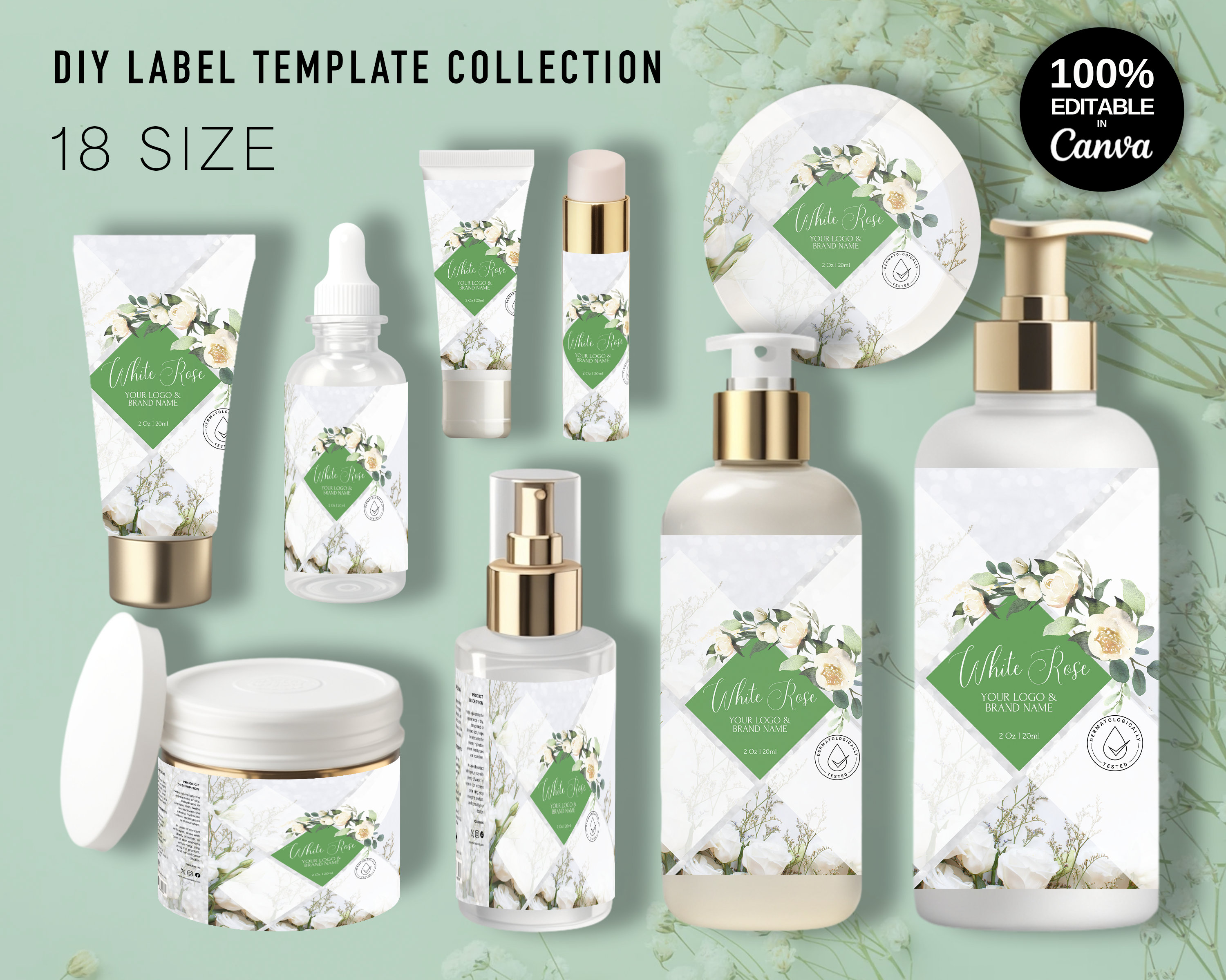 Skincare Labels Set, Canva Product Label Sticker, White Rose Cosmetic ...