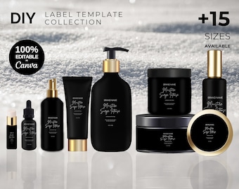 Skincare Labels Set, Canva Product Label Sticker, Black Cosmetic Label Template Bundle, Lotion Label, Body Butter Labels, Canva Bottle Label