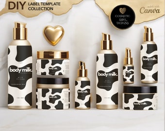 May include: A collection of cosmetic product labels featuring a cow print design. The labels are in black and white with gold accents. The products include body milk, a serum, and a cream. The labels are editable with Canva.
