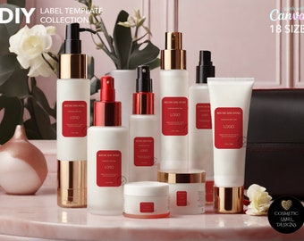 Huidverzorging sjabloon labelcollectie - rode crème DIY bewerkbare cosmetische labelsjabloonbundel - Canva productlabelsticker