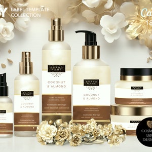 May include: Four cosmetic bottles and two jars with gold lids and labels. The labels are white with black text and feature the words "BRAND NAME", "COCONUT & ALMOND", and "ULTRA NOURISHING MOISTURIZING CREAM". The bottles and jars are arranged on a white surface with gold and white flowers in the background. The text "DIY LABEL TEMPLATE COLLECTION" and "Canva 18 SIZE" is visible at the top of the image.
