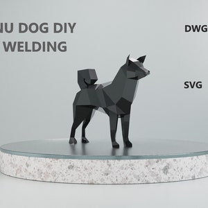 May include: A black, geometric Shiba Inu dog sculpture on a gray and white stone platform. The sculpture is made of metal and has a polygonal design. The image includes the text "SHIBA INU DOG DIY METAL WELDING" at the top of the image. The text "DWG", "PNG", "DXF", "VECTOR", "SVG", "PDF" are also included in the image.