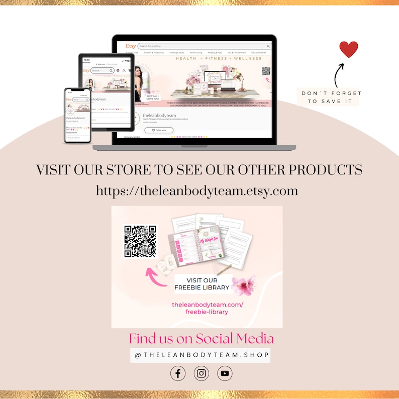 K&ouml;nnte beinhalten: Ein rosa-wei&szlig;er digitaler Planer mit dem Text "My Weight Loss Journey" auf dem Cover. Der Planer ist von anderen digitalen Planern und einem QR-Code umgeben. Der Text "Besuchen Sie unsere Freebie-Bibliothek" wird mit einem Link zu theleanbodyteam.com/freebie-library angezeigt. Der Text "Finden Sie uns in den sozialen Medien" wird mit einem Link zu @THELEANBODYTEAM.SHOP angezeigt. Social-Media-Icons f&uuml;r Facebook, Instagram und YouTube werden ebenfalls angezeigt.