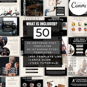 K&ouml;nnte beinhalten: Eine Collage aus Bildern, die Fitness- und Trainingsvorlagen f&uuml;r Instagram und Instagram-Storys bewerben. Die Collage enth&auml;lt Bilder von Menschen, die trainieren, motivierende Zitate und Trainingseinheiten. Der Text "50 Instagram-Post-Vorlagen" und "50 Instagram-Story-Vorlagen" ist in der Mitte der Collage zu sehen.