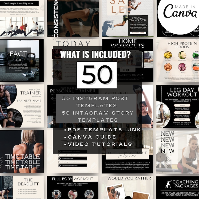 K&ouml;nnte beinhalten: Eine Collage aus Bildern, die Fitness- und Trainingsvorlagen f&uuml;r Instagram und Instagram-Storys bewerben. Die Collage enth&auml;lt Bilder von Menschen, die trainieren, motivierende Zitate und Trainingseinheiten. Der Text "50 Instagram-Post-Vorlagen" und "50 Instagram-Story-Vorlagen" ist in der Mitte der Collage zu sehen.
