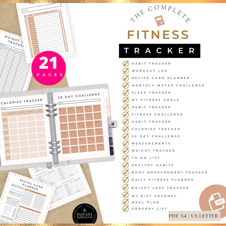 K&ouml;nnte beinhalten: Ein druckbarer Fitness-Tracker mit 21 Seiten, darunter eine 30-Tage-Herausforderung, ein Habit-Tracker, ein Kalorien-Tracker, ein Rezeptkarten-Planer, ein Trainingsprotokoll, ein Schlaf-Tracker und vieles mehr. Die Seiten sind im minimalistischen Stil mit einem Farbkonzept in Pfirsich und Wei&szlig; gestaltet. Der Text "The Complete Fitness Tracker" befindet sich oben auf der Seite.