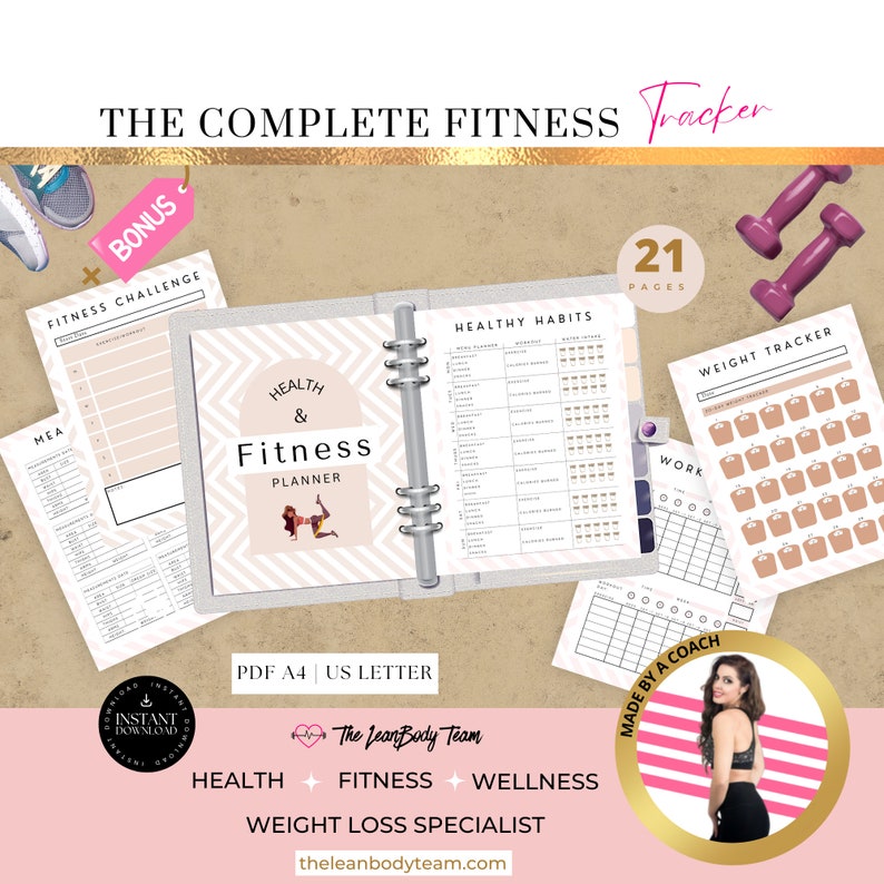 K&ouml;nnte beinhalten: Ein druckbarer Fitness-Planer mit einem geometrischen Design in Rosa und Wei&szlig;. Der Planer enth&auml;lt Abschnitte zur Verfolgung von Gesundheit, Fitness, Gewicht und gesunden Gewohnheiten. Der Planer ist mit "The Complete Fitness Tracker" beschriftet und umfasst 21 Seiten.
