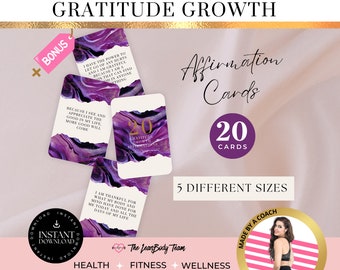 May include: Purple and gold affirmation cards with the text "Gratitude Growth Affirmation Cards 20 Cards" and "5 Different Sizes". The cards feature inspirational quotes about gratitude. The image also includes a pink and gold bonus tag, a pink and white striped background, and a gold circle with a woman wearing a black sports bra and black leggings.