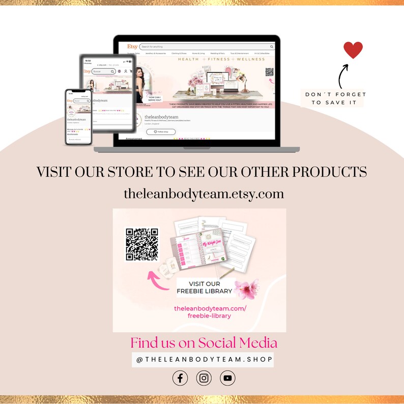 K&ouml;nnte beinhalten: Ein rosa-wei&szlig;er digitaler Planer mit dem Text "My Weight Journey" auf dem Cover. Der Planer ist auf einer Seite mit einem Kalender und einer Liste von Zielen ge&ouml;ffnet. Ein QR-Code ist im Bild zu sehen, zusammen mit dem Text "Besuchen Sie unsere Freebie-Bibliothek theleanbodyteam.com/freebie-library". Das Bild enth&auml;lt auch Social-Media-Symbole f&uuml;r Facebook, Instagram und YouTube.