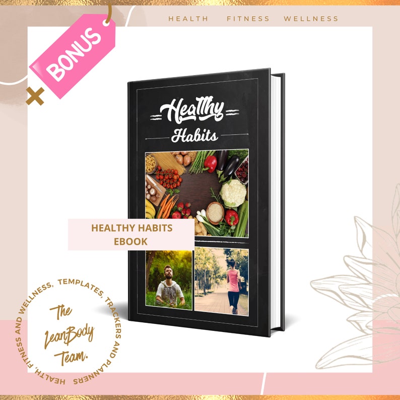 K&ouml;nnte beinhalten: Eine schwarze Tafel mit dem Text "Healthy Habits" in Wei&szlig;. Die Tafel ist in vier Abschnitte unterteilt, jeder mit einem anderen Bild. Der obere Abschnitt zeigt eine Vielzahl von frischem Obst und Gem&uuml;se. Der untere linke Abschnitt zeigt einen Mann, der auf einer Bank in einem Park sitzt. Der untere rechte Abschnitt zeigt eine Frau, die auf einem Weg in einem Park joggt. Der Text "Healthy Habits Ebook" ist in Wei&szlig; auf rosa Hintergrund geschrieben.