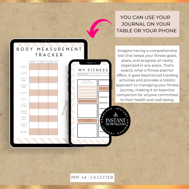 K&ouml;nnte beinhalten: Ein druckbares Fitness-Tagebuch mit einem pink-wei&szlig; gestreiften Design. Das Tagebuch enth&auml;lt Abschnitte zur Verfolgung von K&ouml;rperma&szlig;en, Fitnesszielen und guten Gewohnheiten. Der Text "YOU CAN USE YOUR JOURNAL ON YOUR TABLE OR YOUR PHONE" befindet sich oben auf der Seite. Der Text "INSTANT DOWNLOAD" befindet sich in einem Kreis mit einem Download-Symbol.
